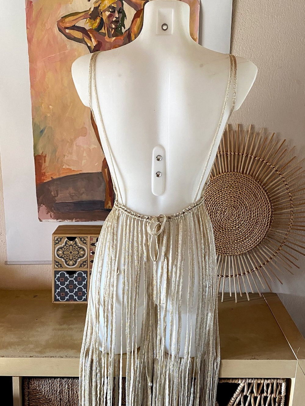 Custom Ivory Fringe V-Neck Dress with High Neck - Picture 8 of 9